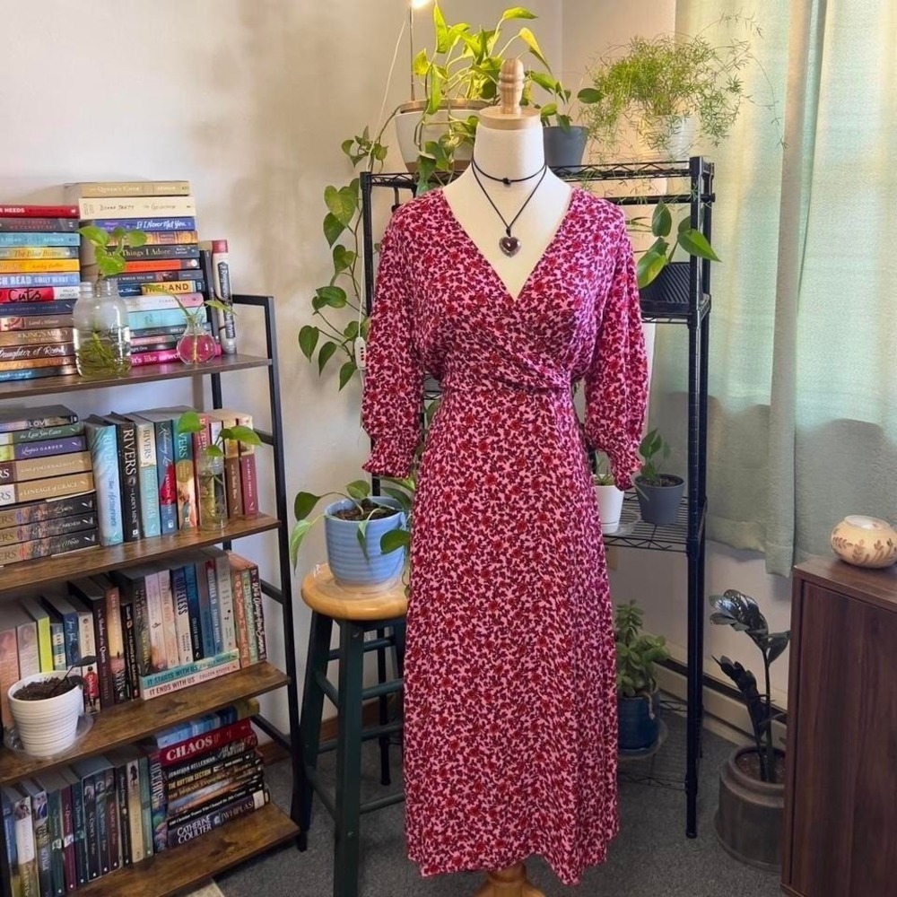 Pink & Red Floral Midi Maxi Dress Size 8 Cottage Boho A-Line Skirt w/ Tie